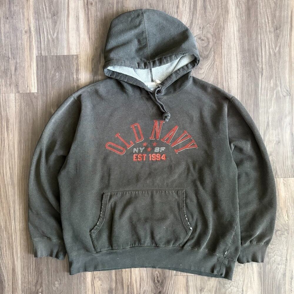 Vintage Old Navy Hoodie Men's Size XL Green Gray Pullover Sweatshirt Spell Out
